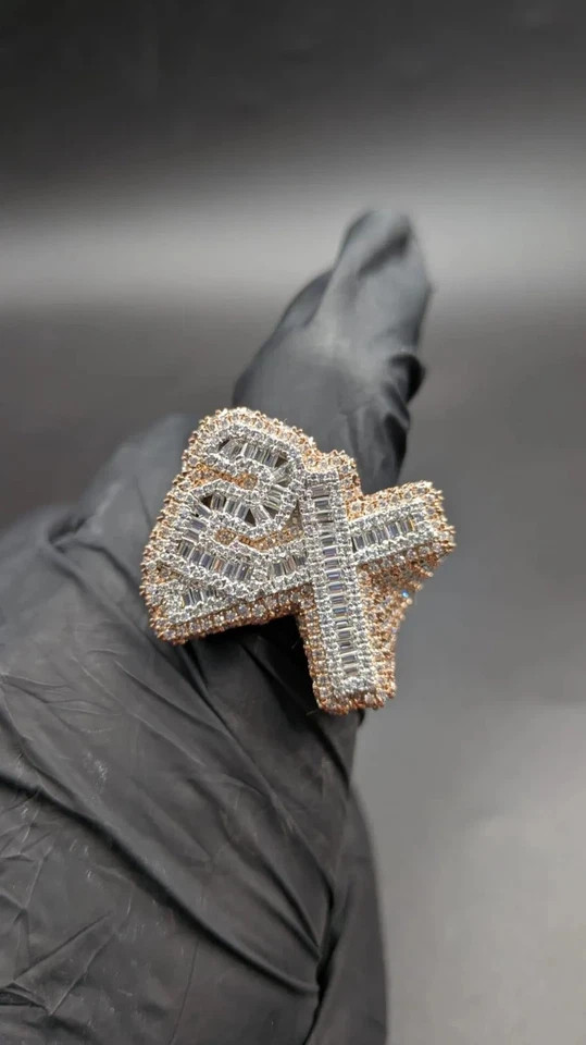 Custom Iced Out 2X Round Lab Created Diamond Number Ring 14K Rose Gold Plated