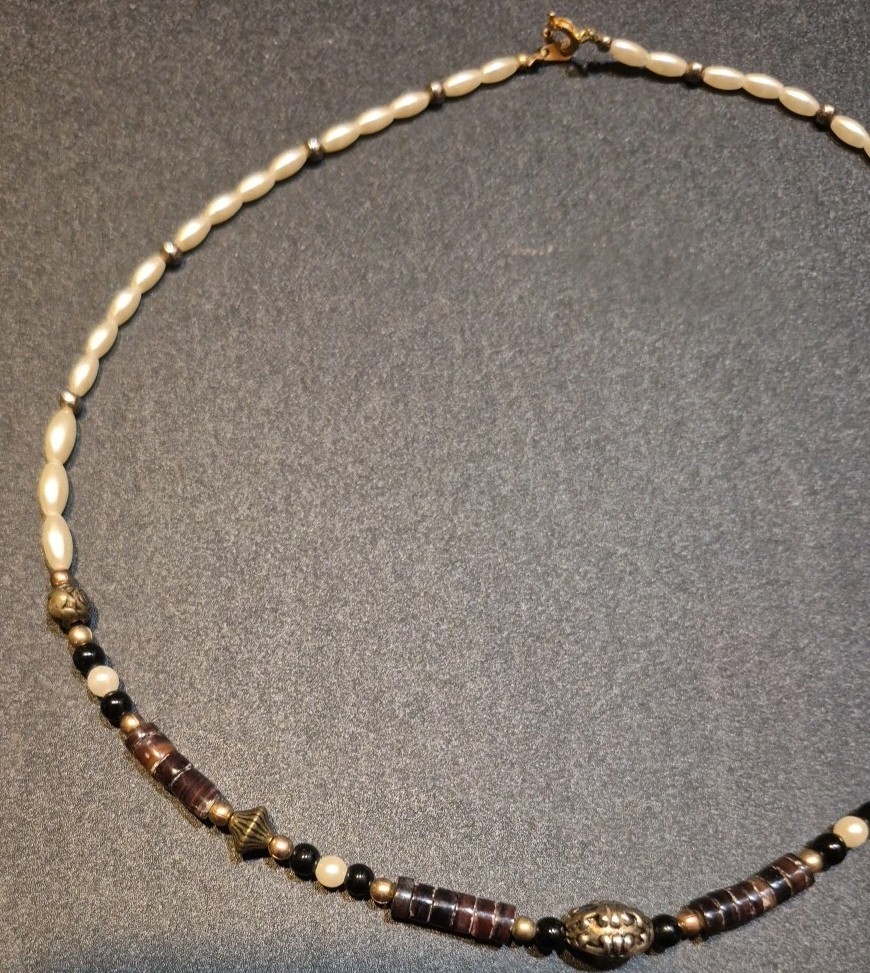 Beaded Necklace Cream Ivory Brown Gold Accent 18in Fashion Jewelry