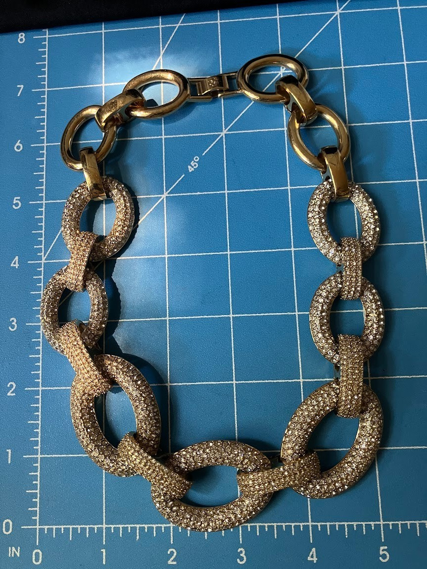 Gold Tone Ann Taylor Necklace Chunky Pave Rhinestone Link Bling