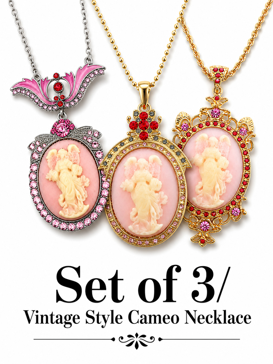 (Set of 3) Flower Pink Angel Cameo Vintage Style Dangle Pendant Chain Necklace