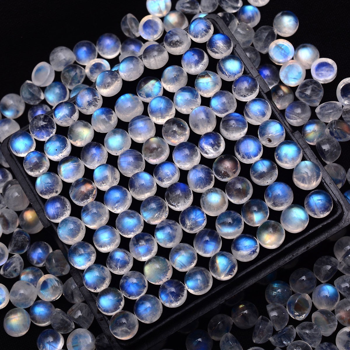 27 Pcs Natural Rainbow Moonstone 5mm Finest Quality Round Cabochon Gemstones Lot