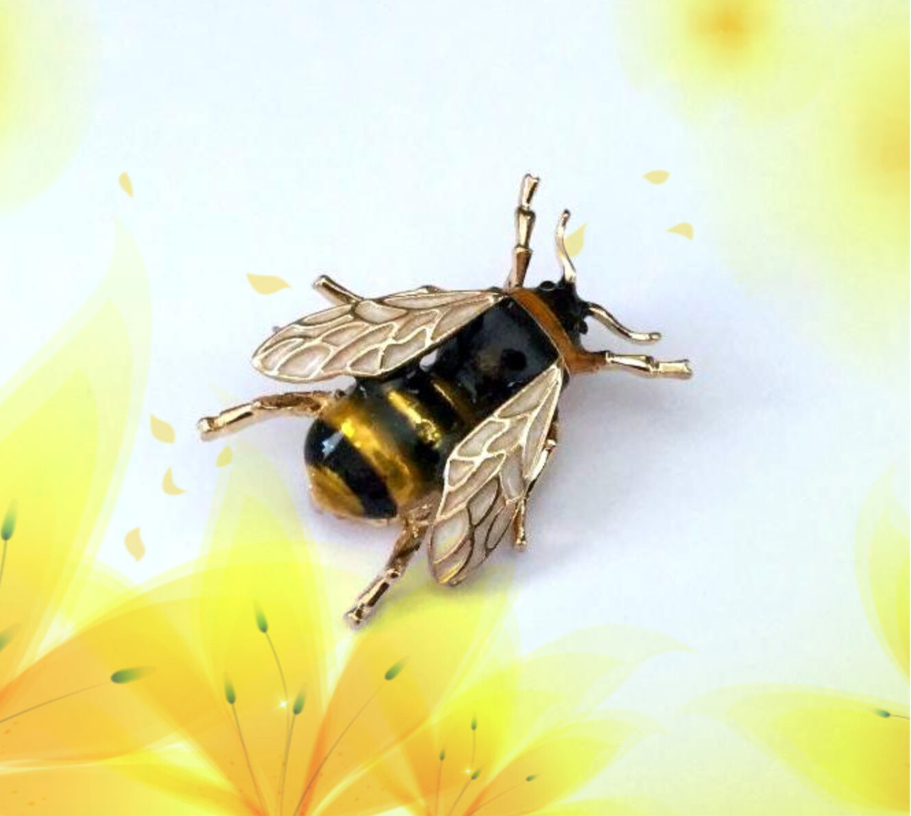 FLYING YELLOW & BLACK ENAMEL BUMBLE BEE INSECT BUG BROOCH PIN~AWARENESS RIBBON