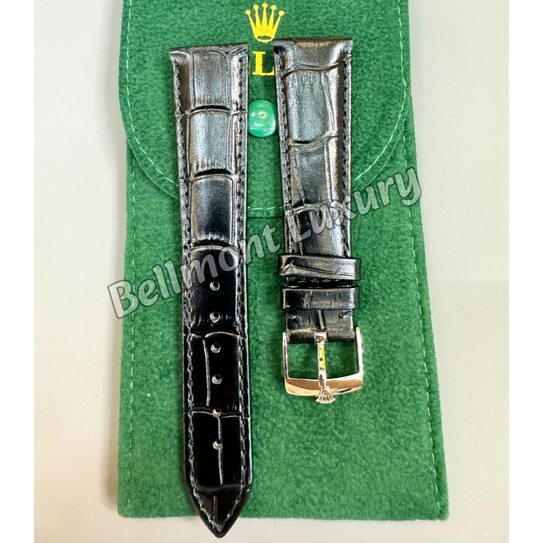 ROLEX Vintage Black Leather Watch Strap 20-16mm Silver Buckle NOS Rare