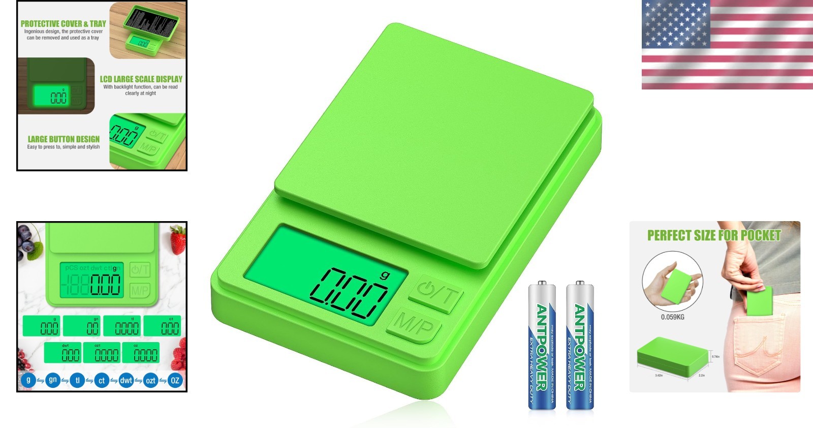 Portable Mini Digital Scale with LCD – 7 Units Conversion & Tare Function, Green