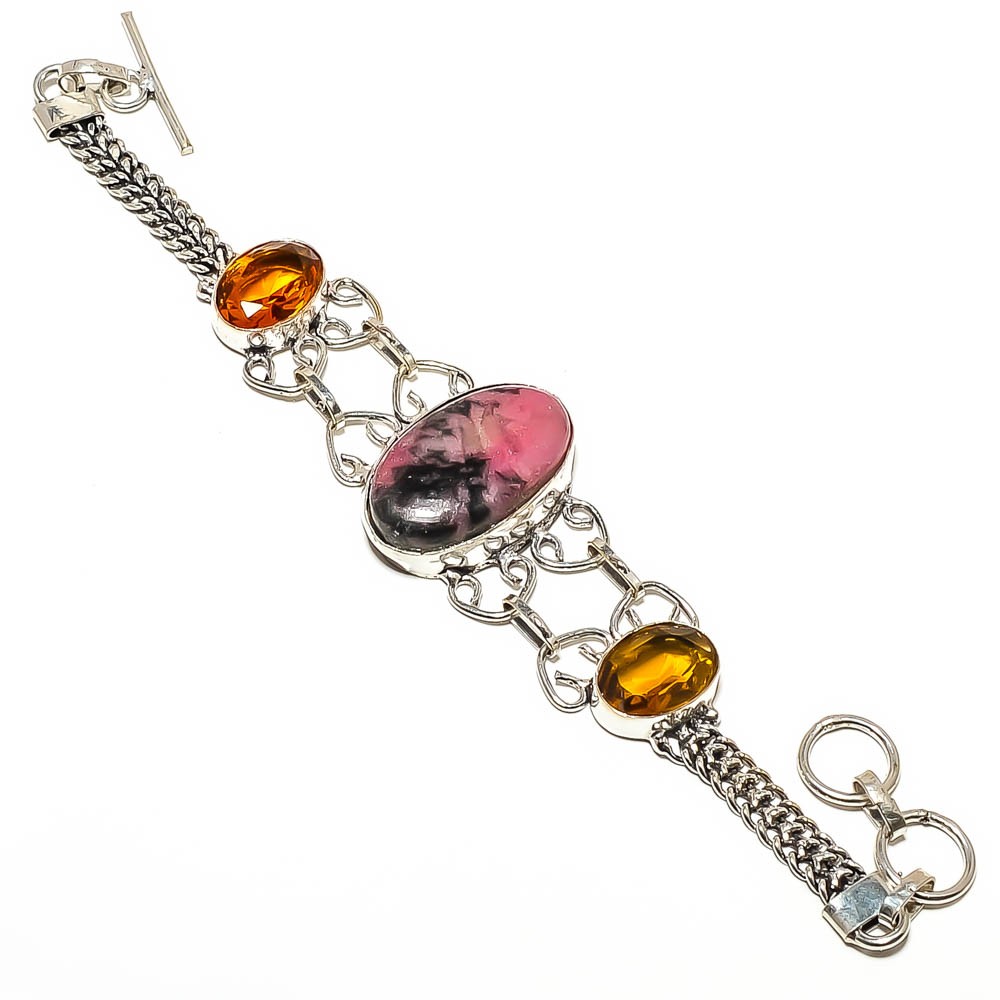 Black Manganese In Rhodonite & CiRine 925 Silver Plated Bracelet 7-7.99″ TB117