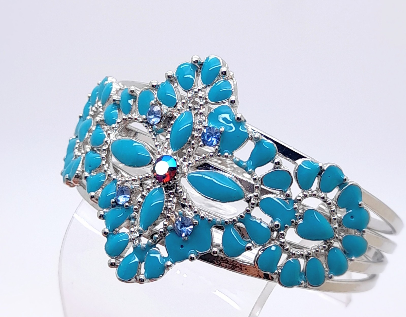 Modern style Silver Tone Metal 1.75″ Wide Cuff blue enamel fashion Bracelets