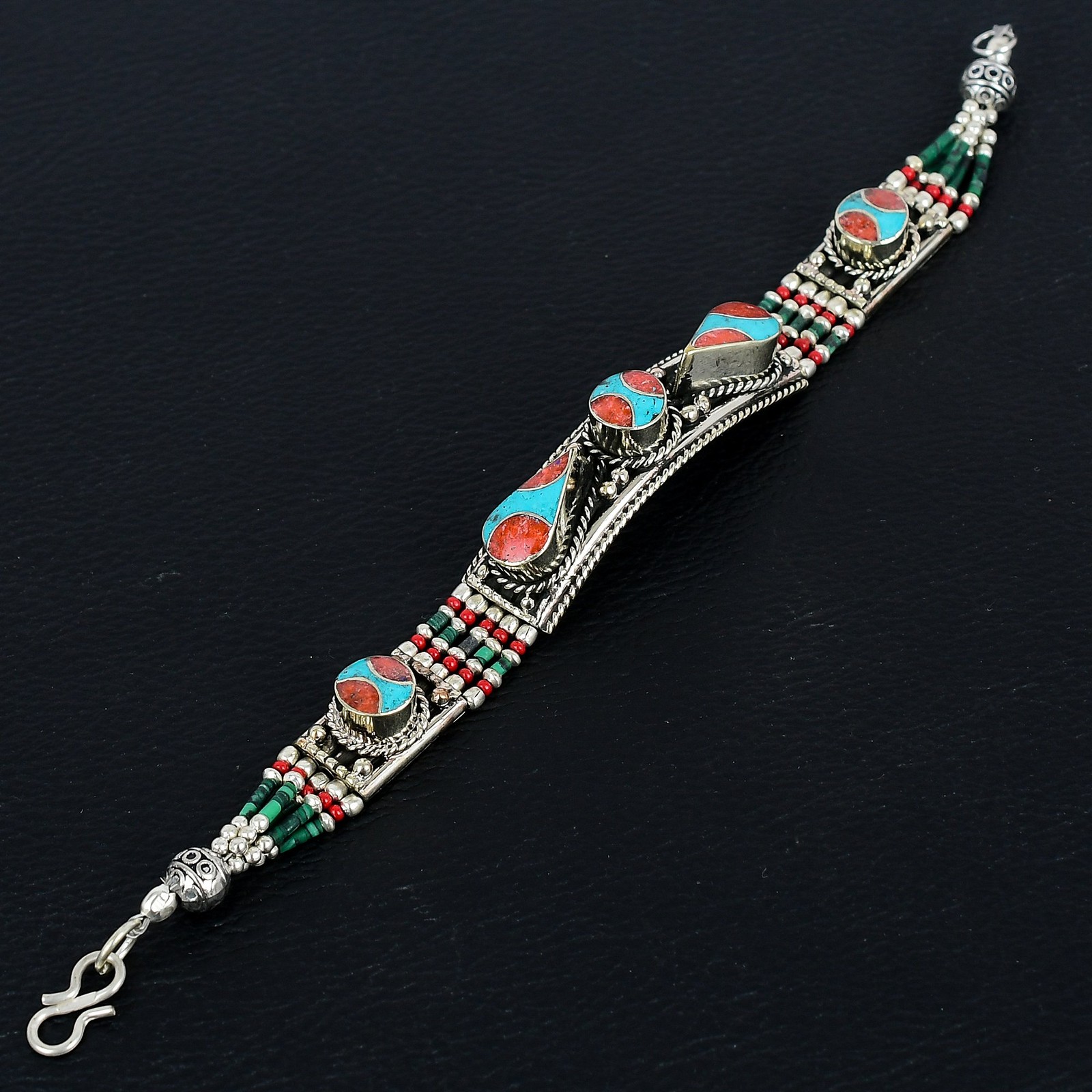 Turquoise Red Coral Boho 925 Sterling Silver Tibetan Nepali Bracelet 7″ PG 2080