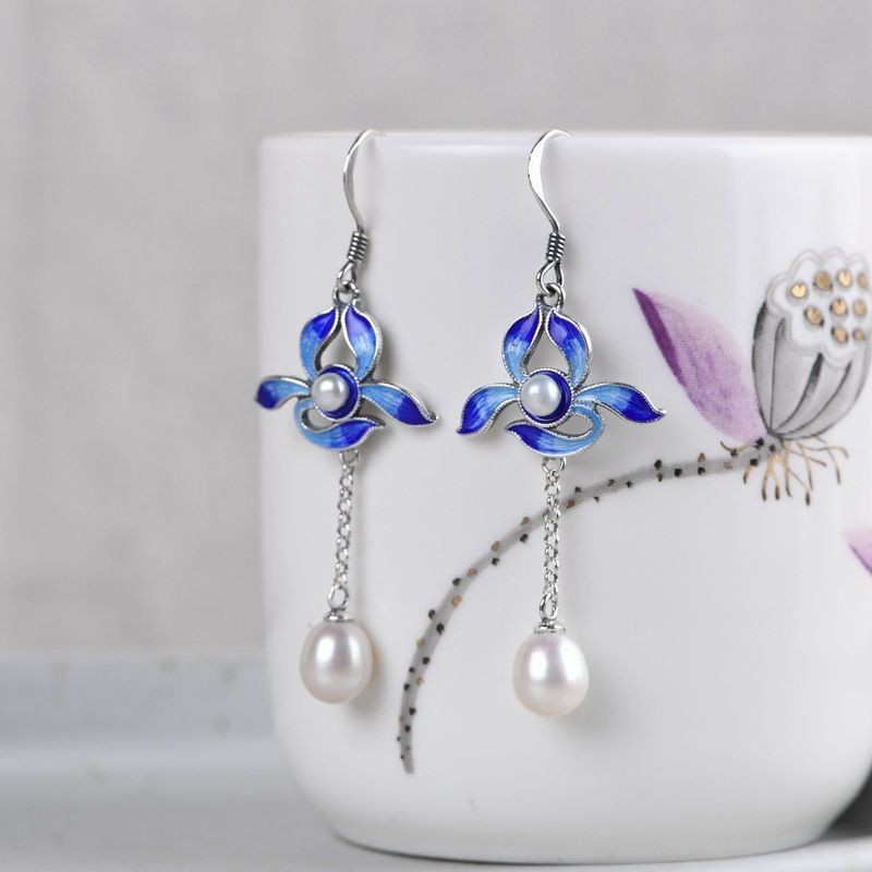 Cloisonne Orchid Earrings Faux Pearl Inlay Vintage Chinese Style Dangle Jewelry