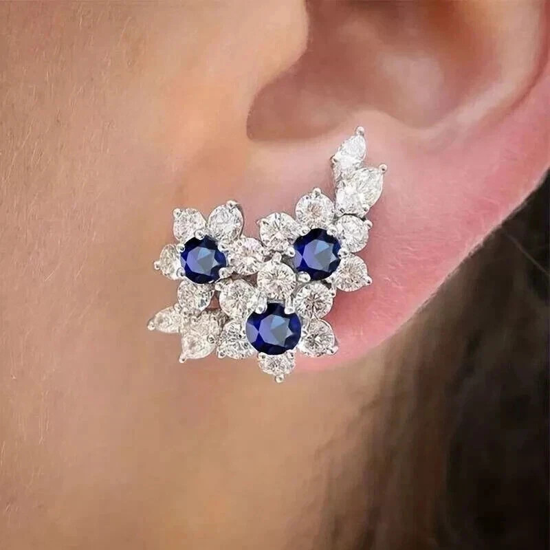 2Ct Round Lab Created Blue Sapphire Stud Earrings Womens 14K White Gold Plated