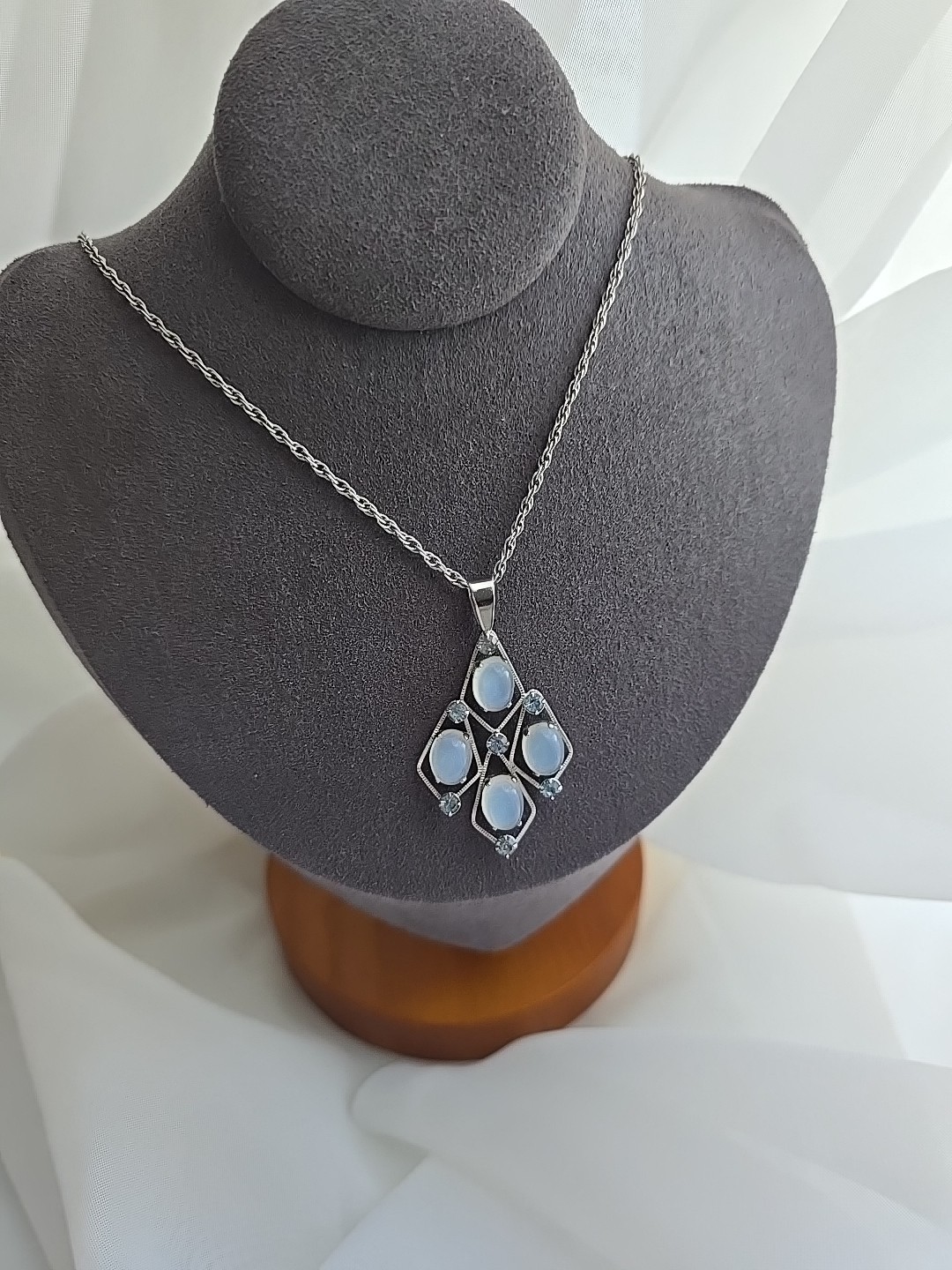 1950s VAN DELL MOONSTONE BLUE RHINESTONE 925 PENDANT & EARRINGS