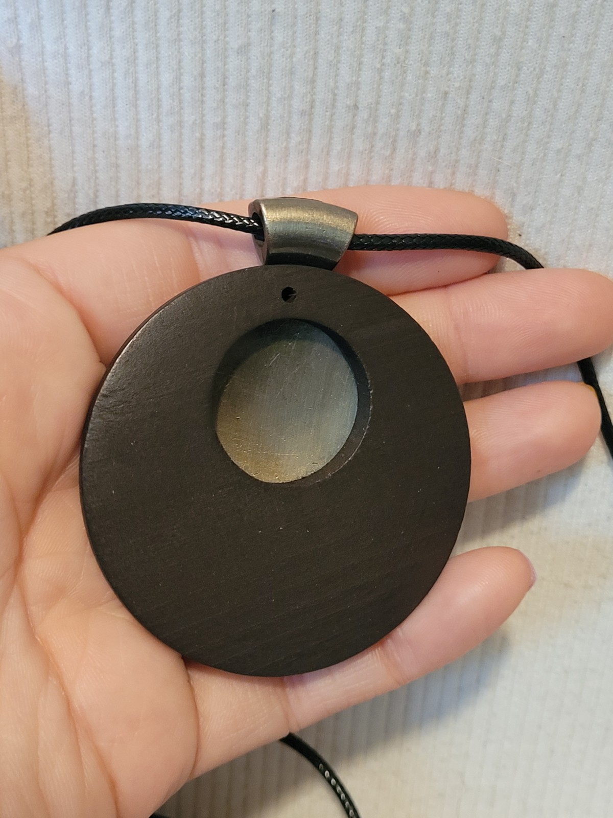 New Large Round Wooden And Metal Spiral Pendant On A Black Cord Type Chain