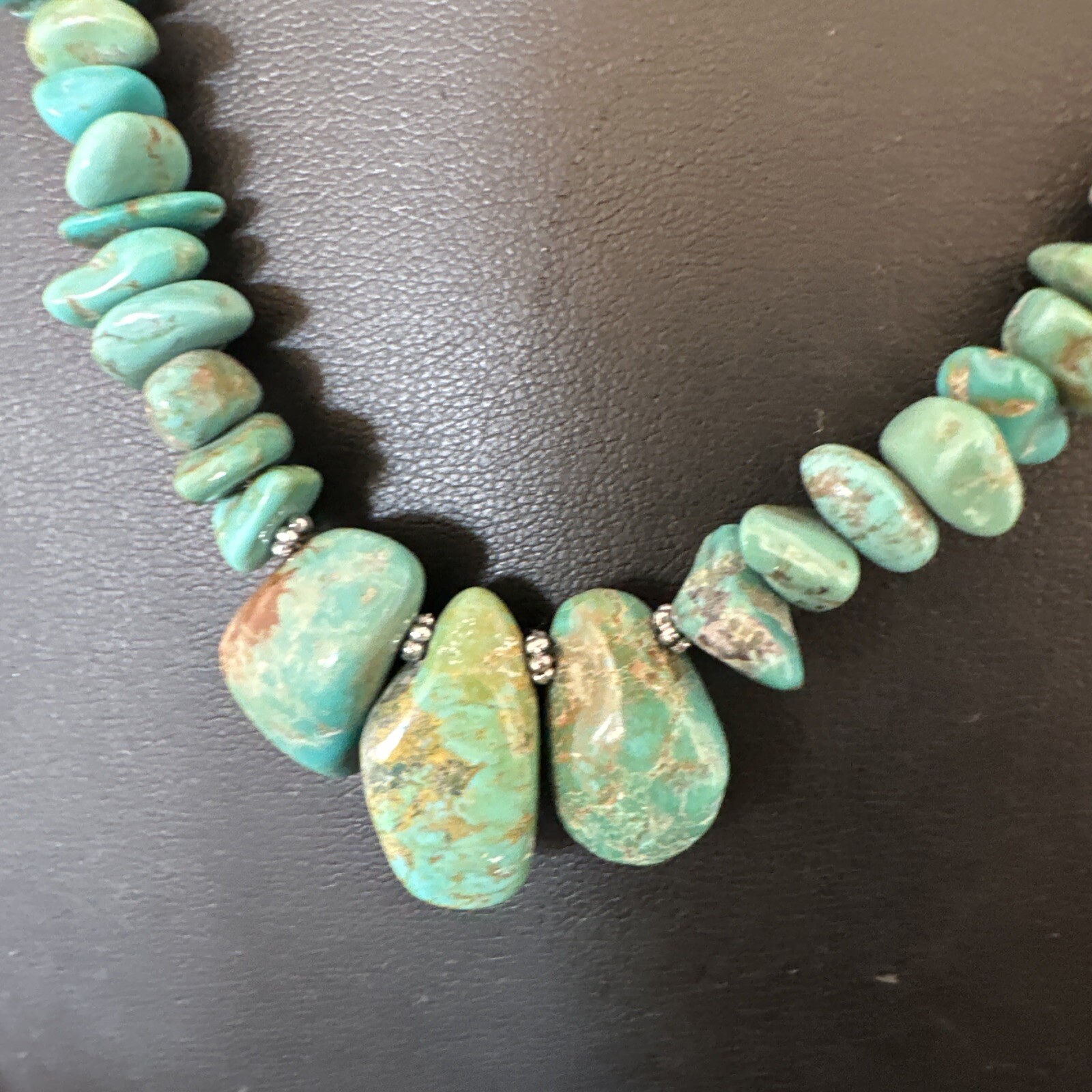 Green Royston Turquoise Bead Navajo Sterling Silver Beads Necklace 16” 15992