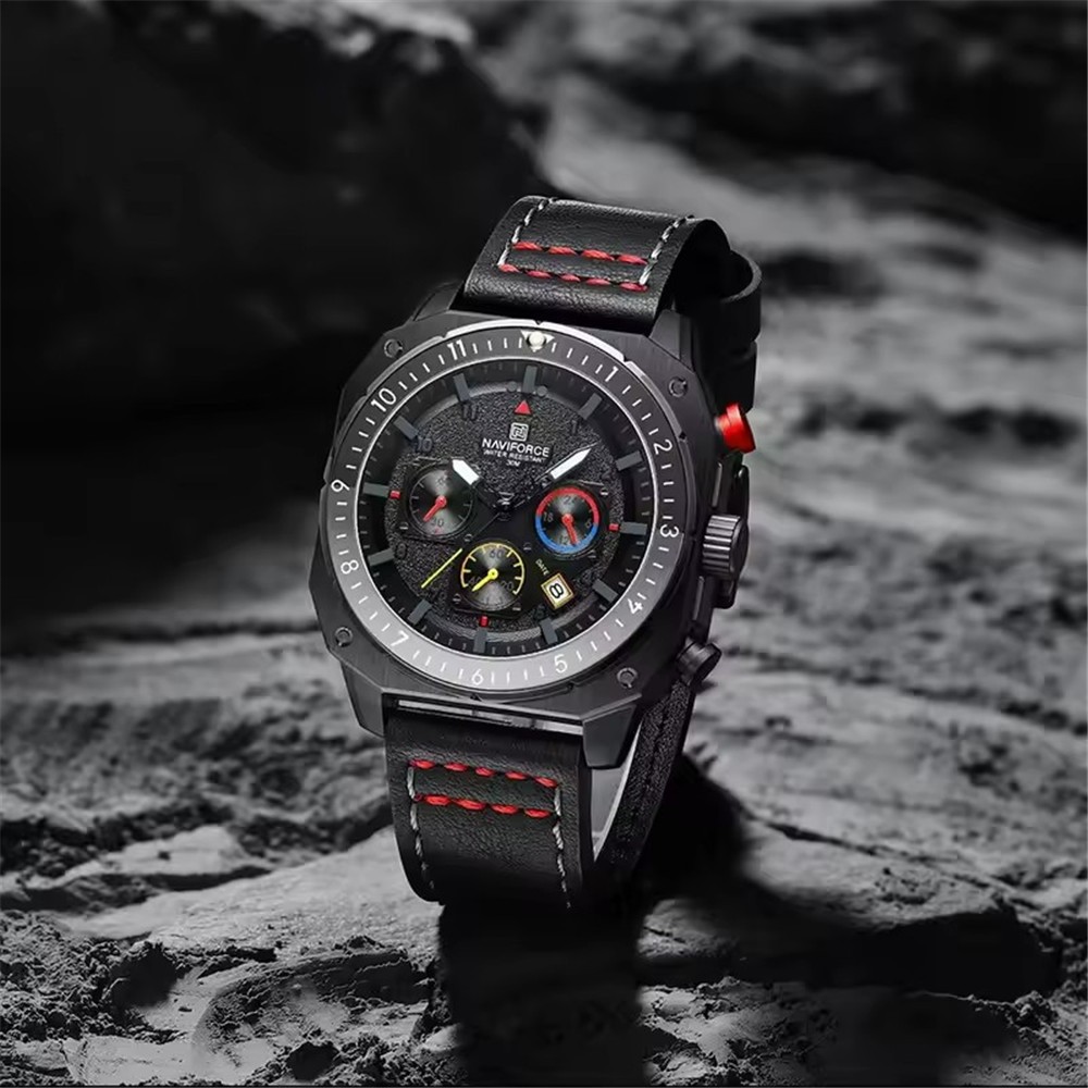 NAVIFORCE Men Watches Military Chronograph Square Watch Leather Date Wristwatch