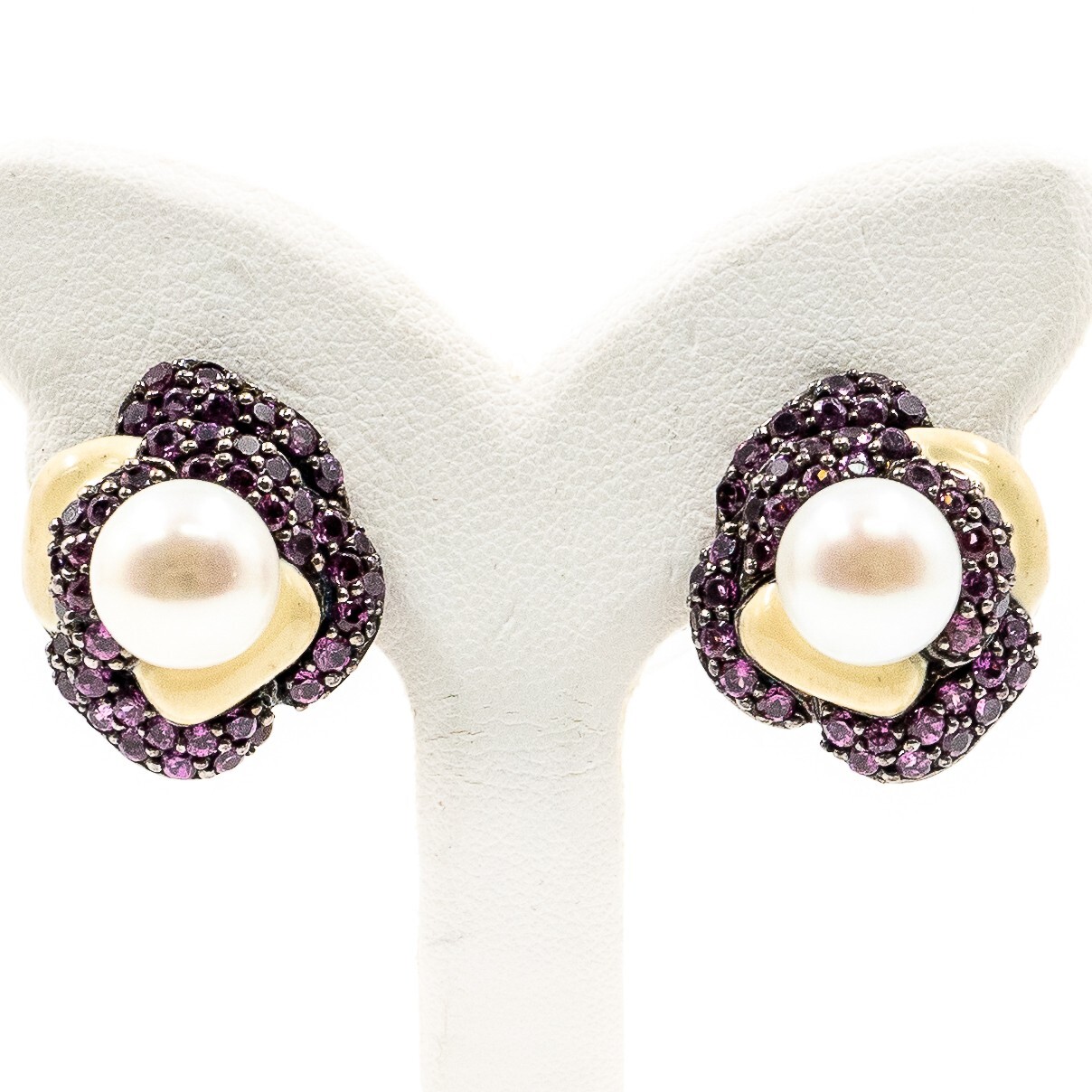 3.54ctNatural Rhodolite and Pearl Beige Enamel Earring925Sliver in Black Rhodium