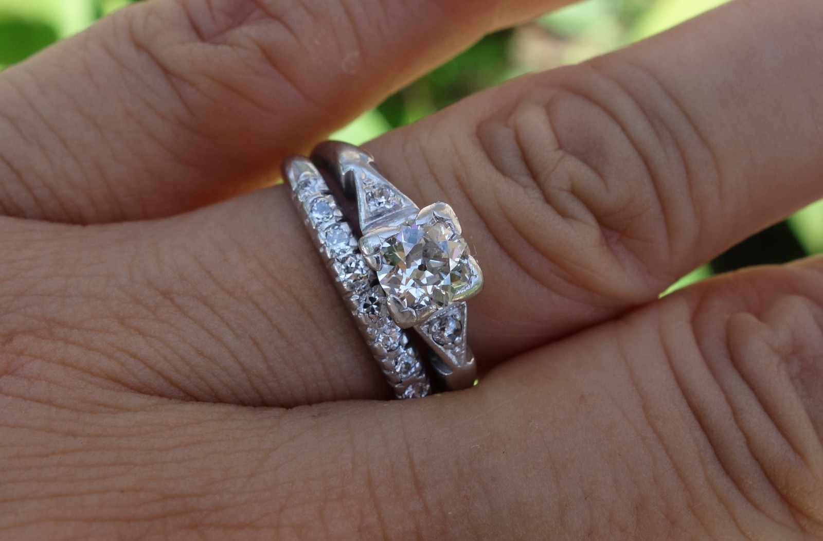 Platinum palladium antique bridal set ring band single cut .55 European cut