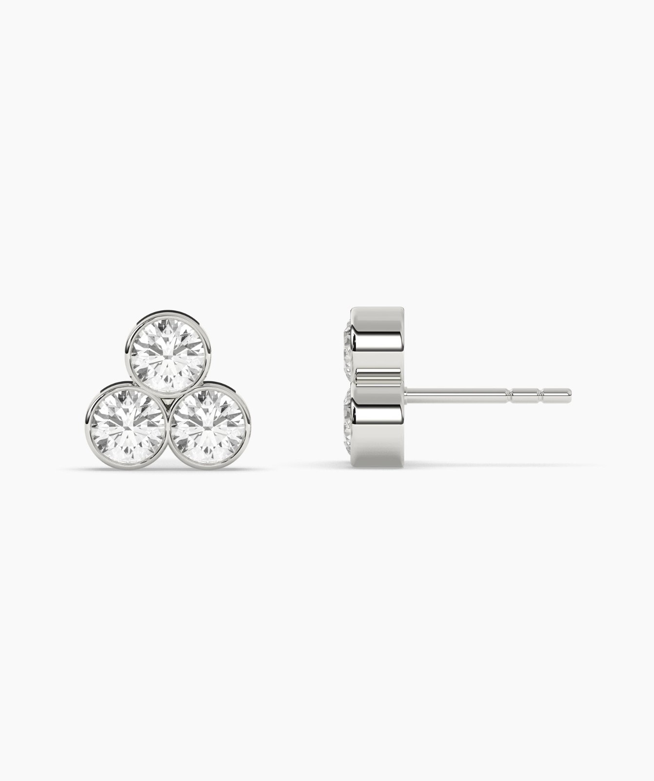 Round Cut Lab Grown Diamond 14K Solid Gold Dainty Trio Bezel Set Stud Earrings