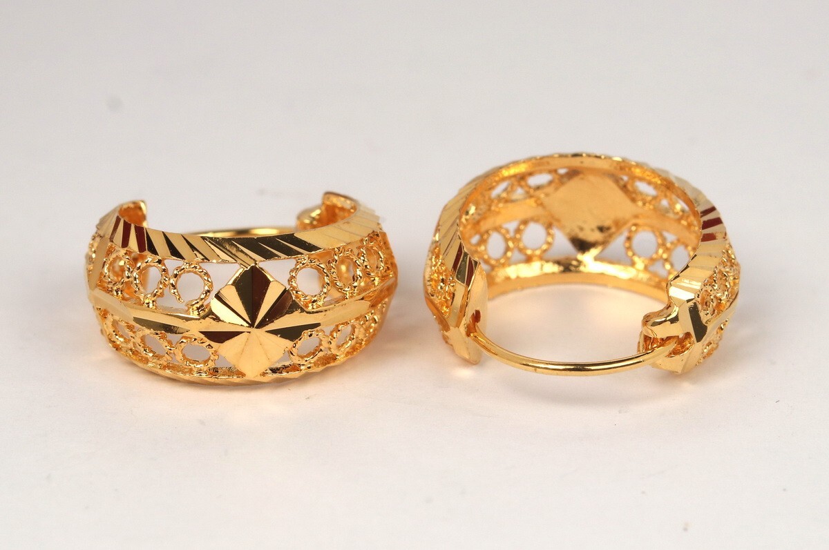 Beauty! Detail Diamond-cut Hoop Earrings 22K 18K Gold GP Thai Jewelry GT8