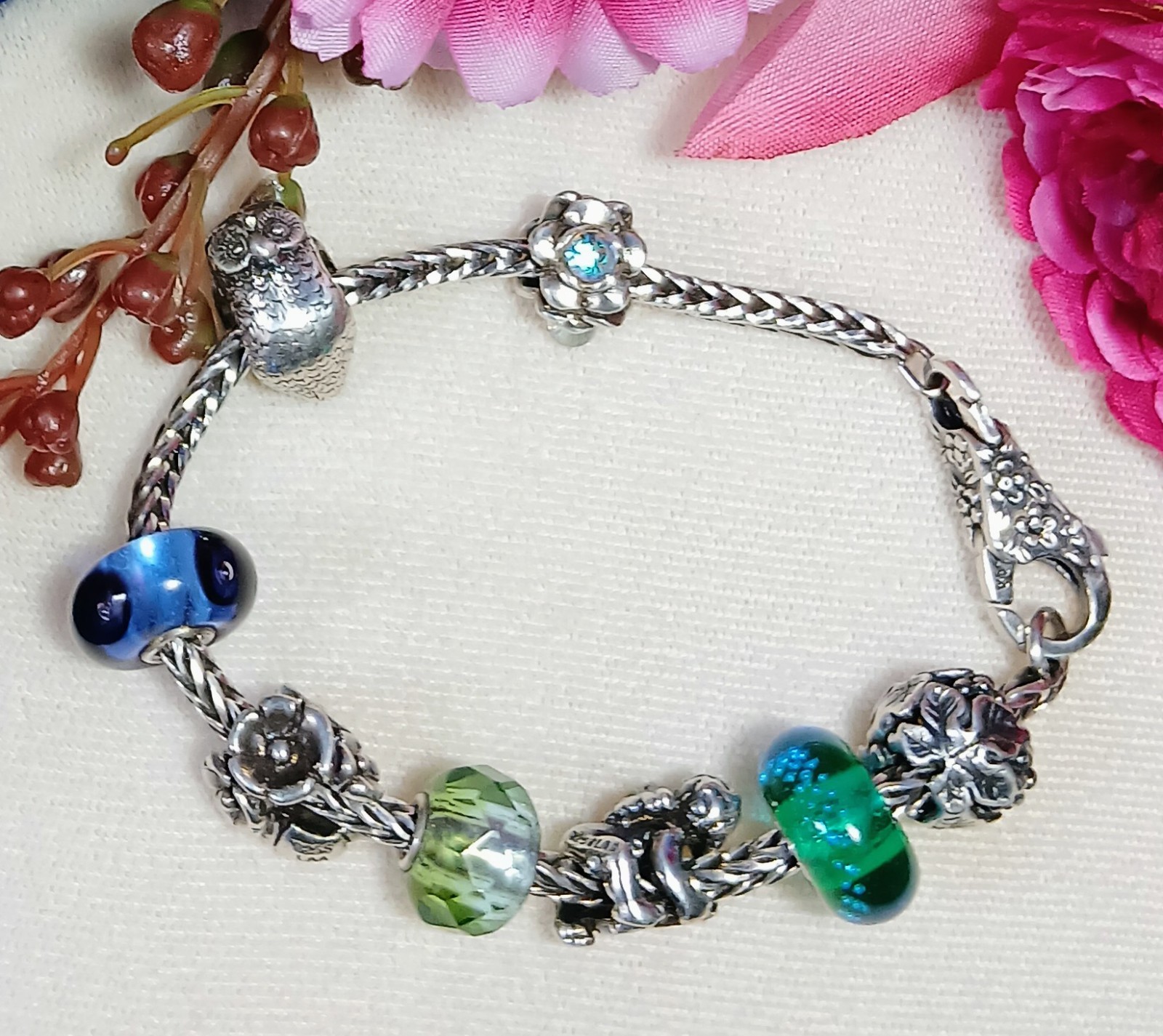 TROLLBEADS Denmark Lace Flower Sterling Silver Foxtail Bracelet~ 7-1/2″ Retired