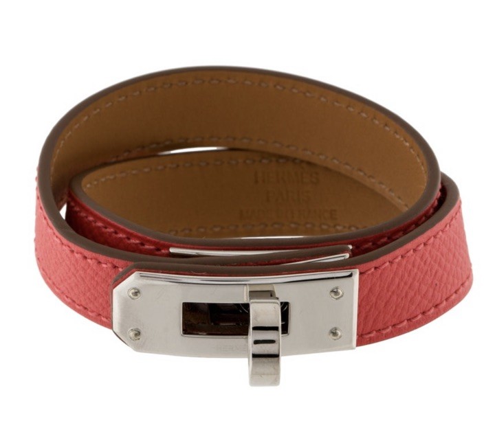 Auth HERMES Kelly Bracelet Double Tour leather palladium Plated Pink orange
