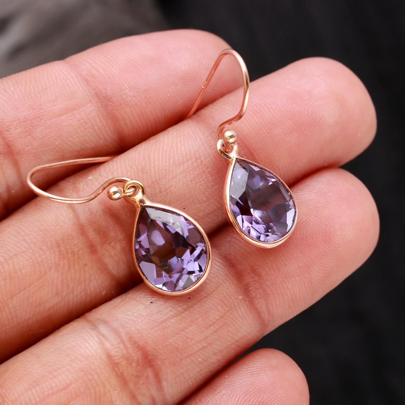Color Changing Alexandrite Pear Earrings Rose Gold Plated Solid Silver Jewelry