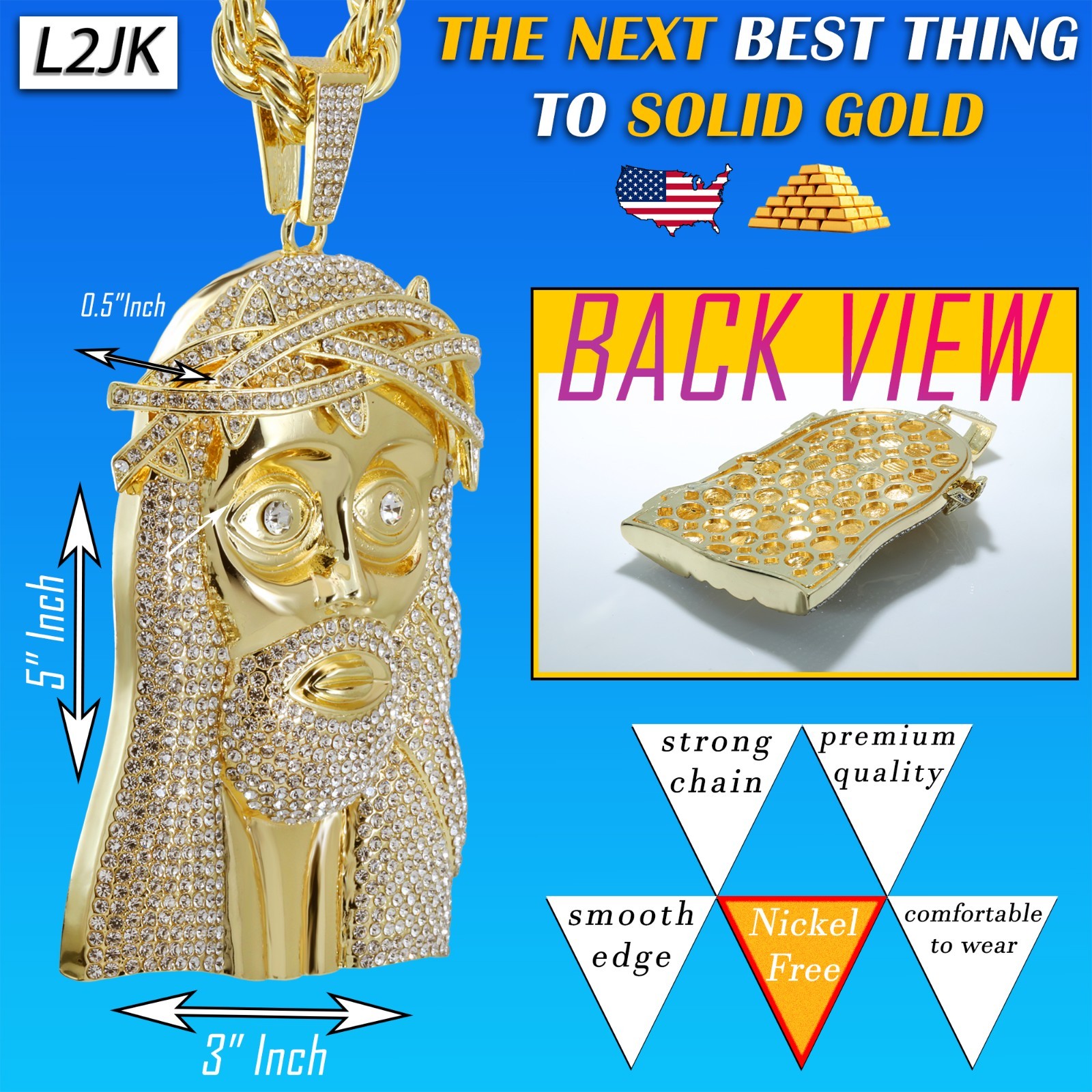 14K Rope Chain 10mm 24″ & 30″In | Jesus Piece Face Head Gold Plated XXL Hip Hop