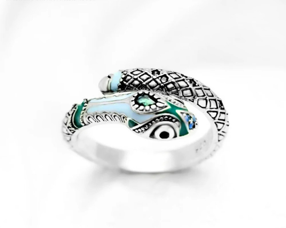 925 Sterling Silver Snake Ring Blue Green Enamel Adjustable