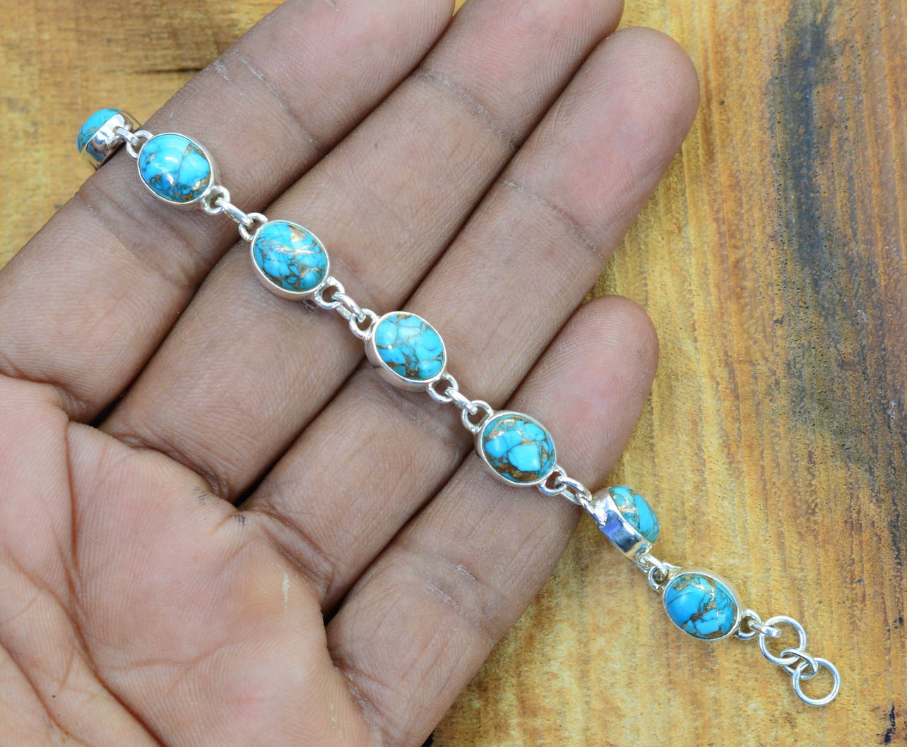 Blue Copper Turquoise Bracelet 925 Sterling Silver Handmade Boho Jewelry SR1168