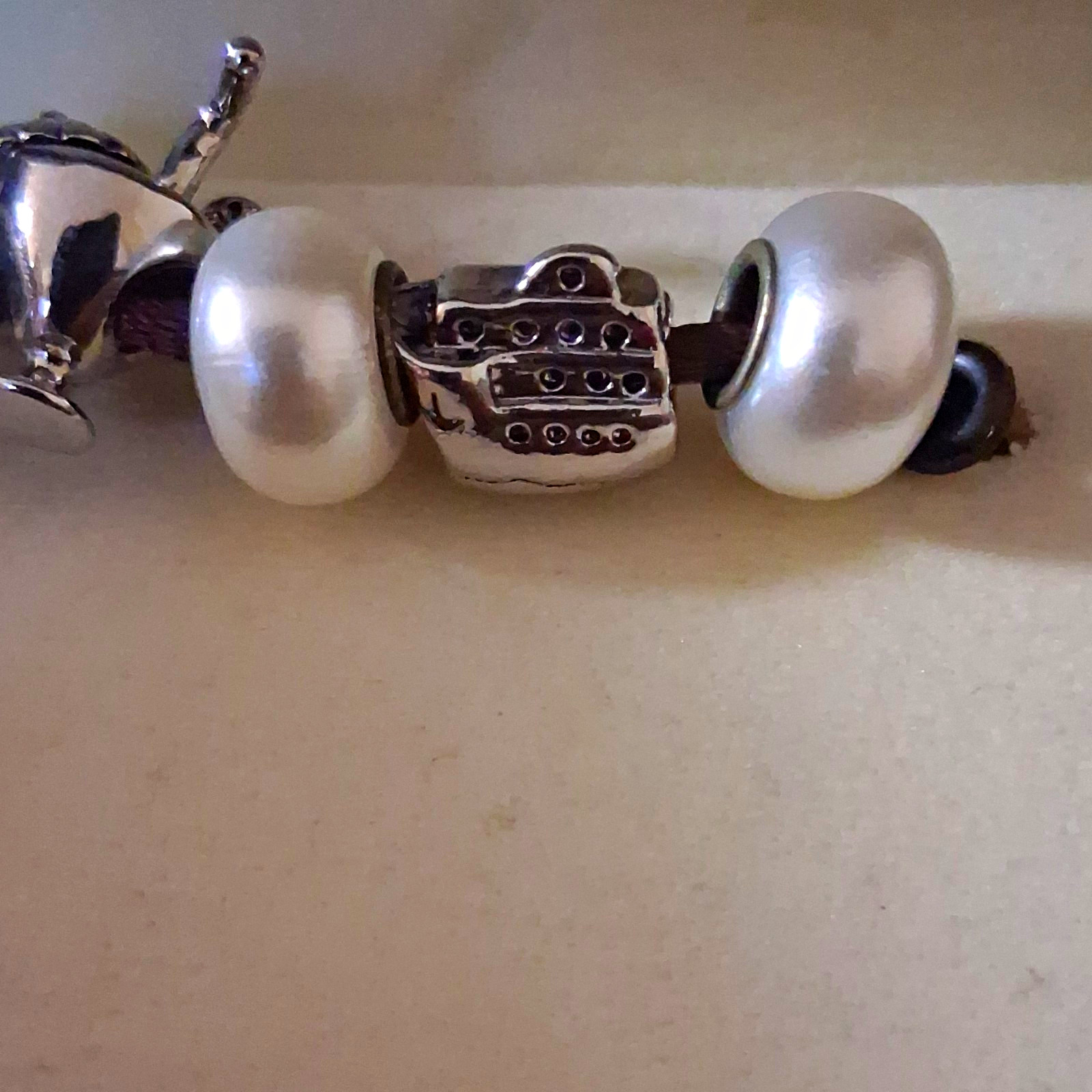 Bella Perlina Silver Tone Beaded Charm Bracelet w/ White Round Pearl Beads