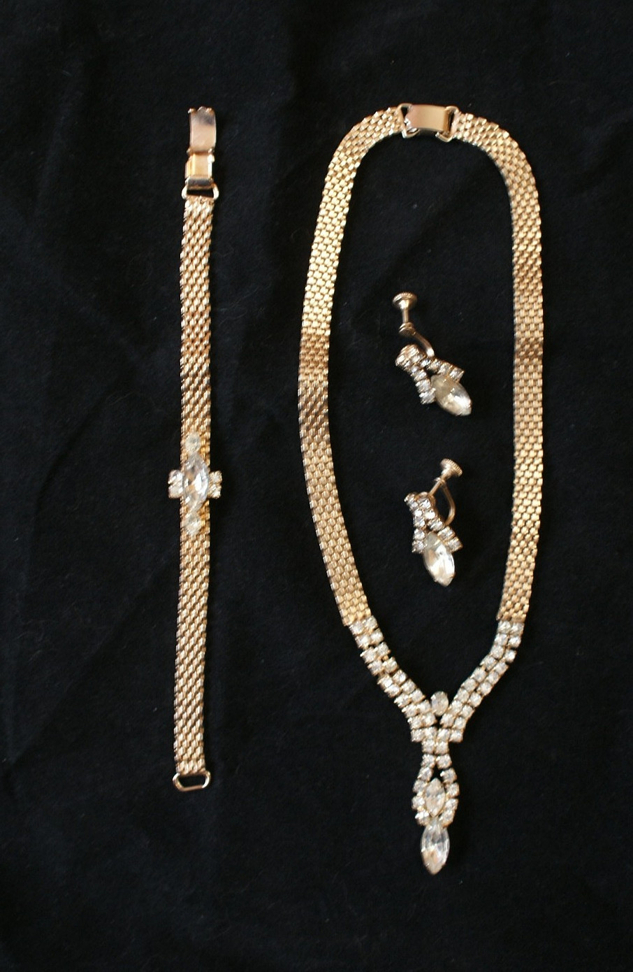 Mid-Century Fashion Jewelry Gold, Rhinestones, Necklace, Bracelet, Earrings EUC