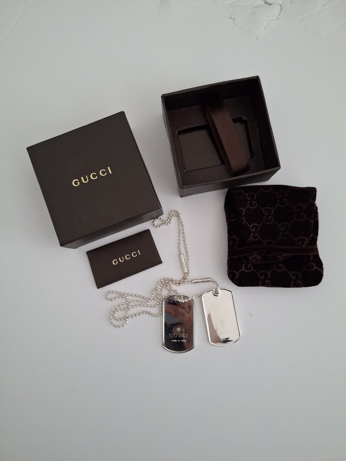 Rare complete GUCCI Double Dog Tag Pendant Necklace Sterling Silver 925 Box Set