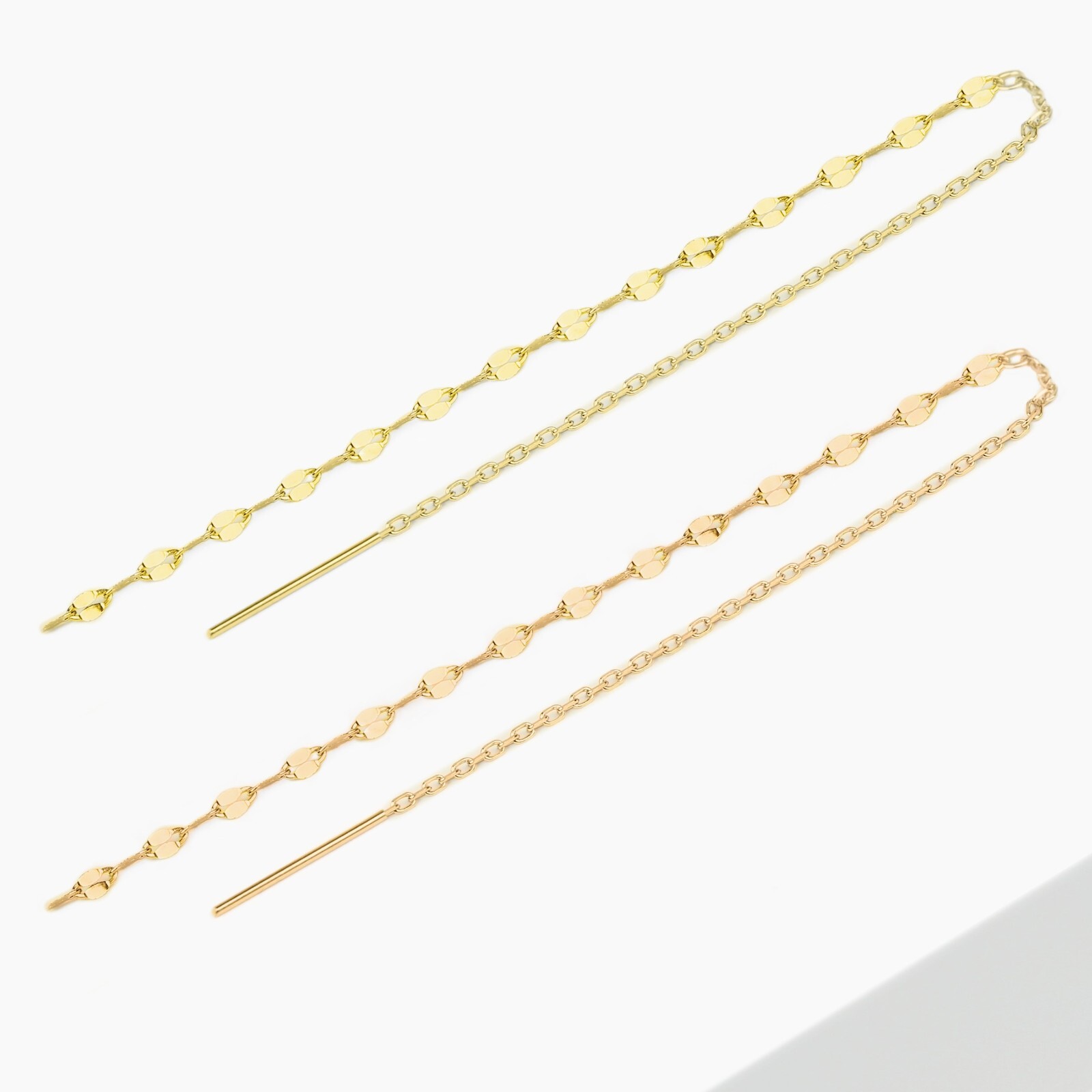 14k Solid Gold Double Chain Threader Earring, Pull Through Dangling Earring