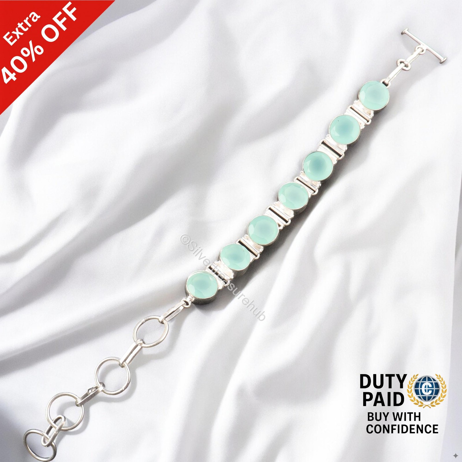 Throat Chakra Round Aqua Chalcedony Gemstone Chain Daughter Bracelet 925 Silver