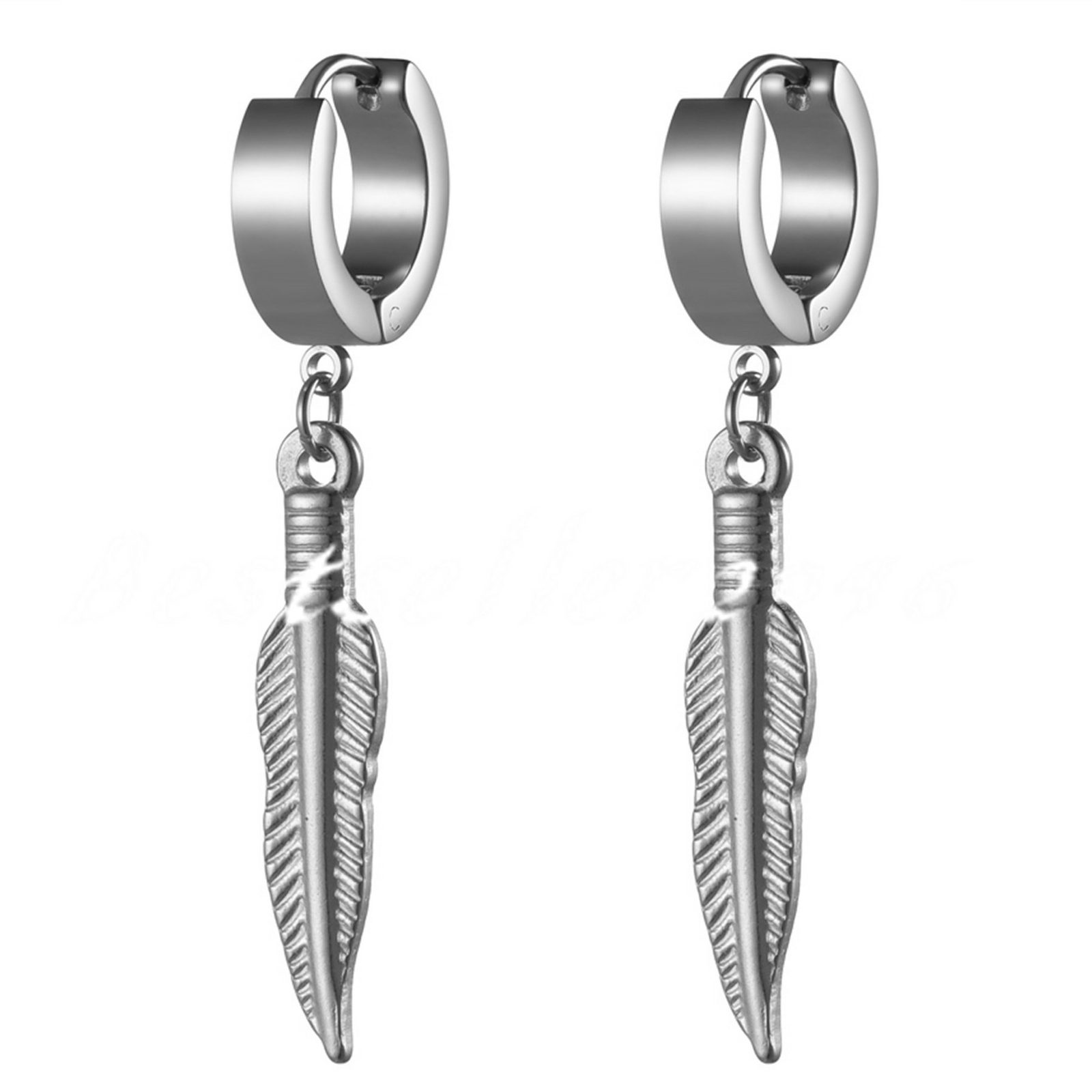 2pcs Men Women Stainless Steel Long Feather Dangle Hoop Huggie Earrings Studs