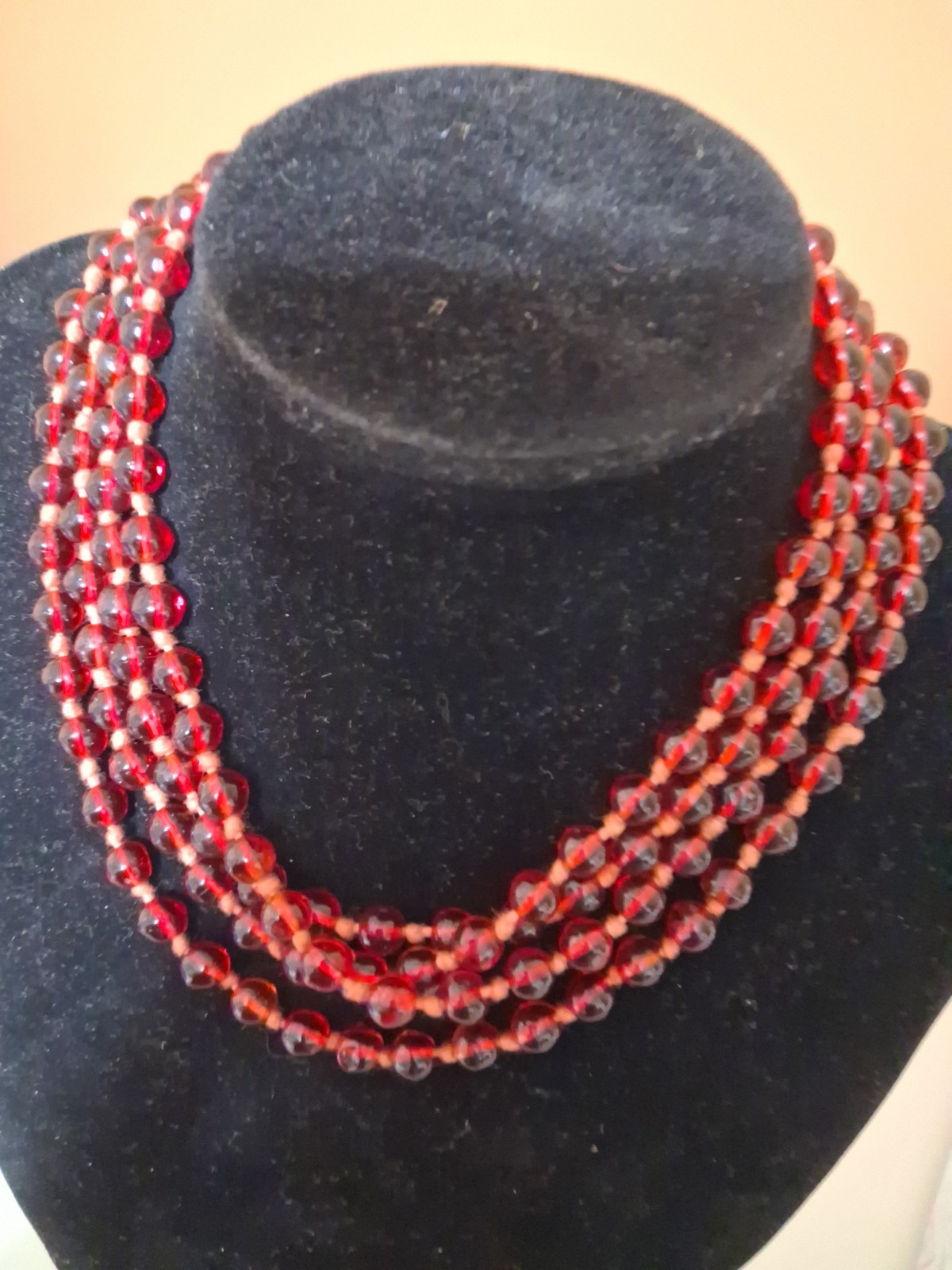 Antique Hand Tied Red Glass Bead Long Necklace