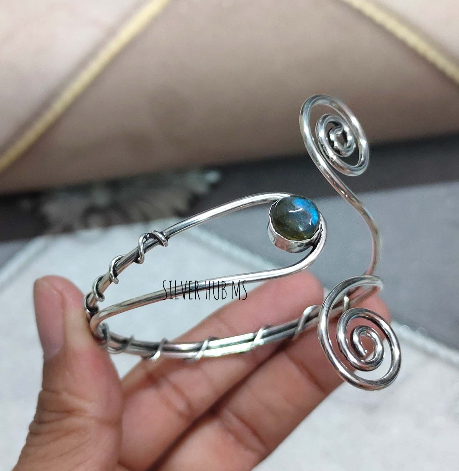 925 Sterling Silver Natural Labradorite Handmade Designer Adjustable Bangle Cuff