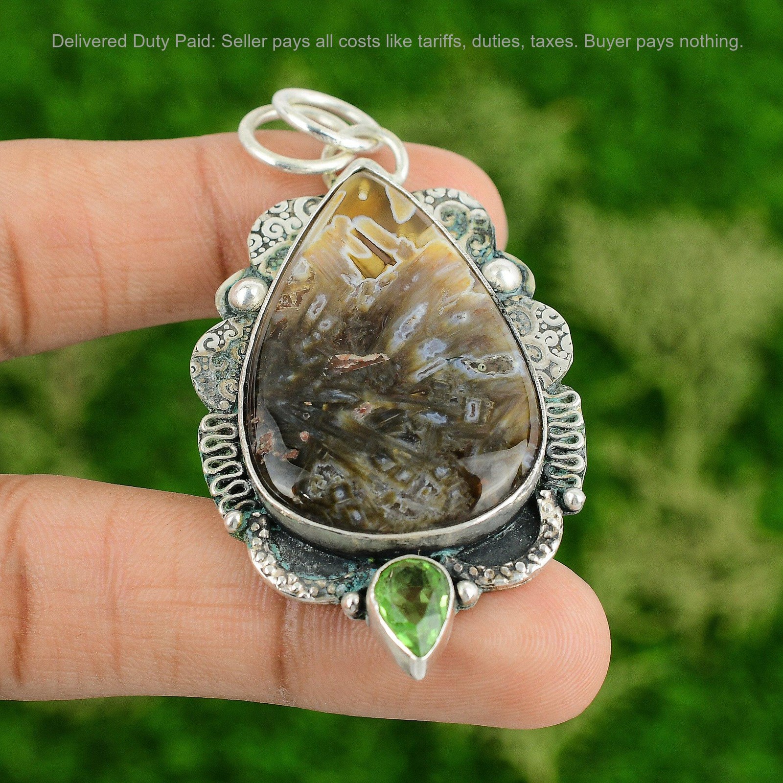 925 Silver Stick Agate Gemstone Peridot Bezel New Anniversary Pendant Jewelry
