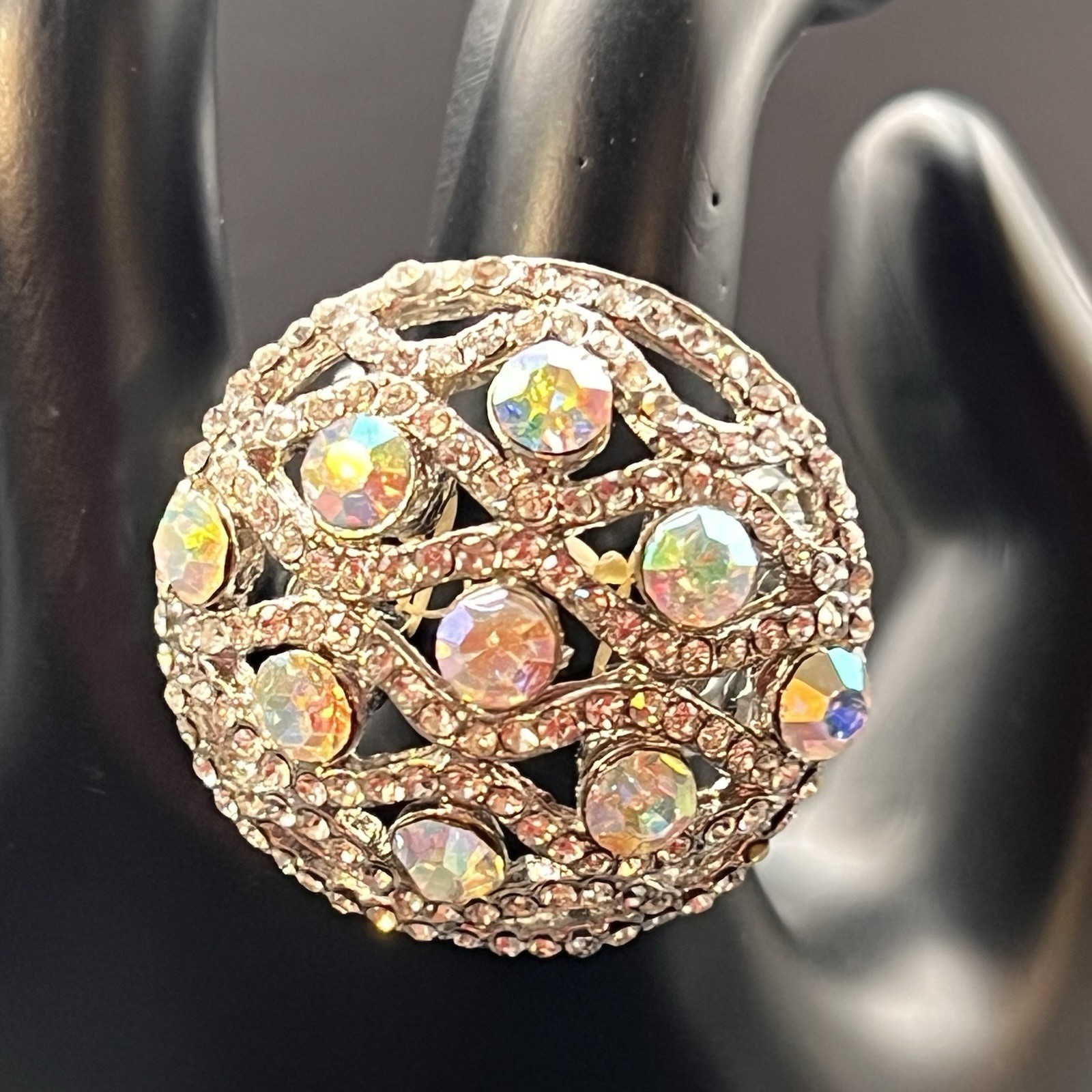 Vintage BIG Sparkly 1980s AB Crystal Adjustable/Expansion Ring, Sz 7-9