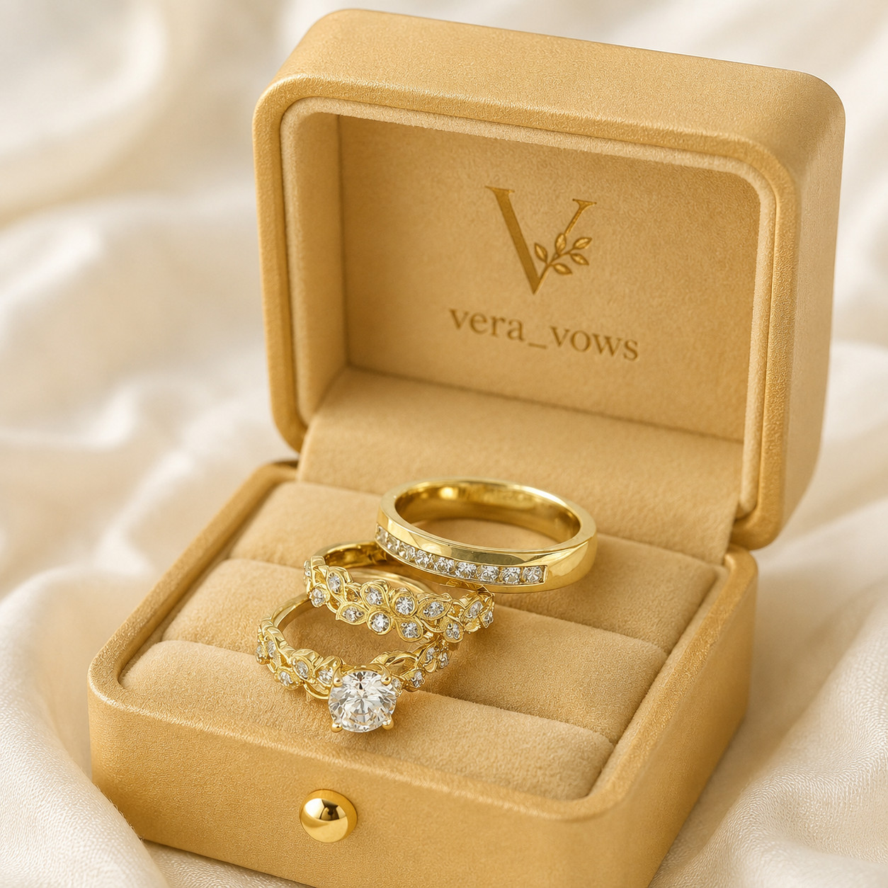 Attractive Round 14K Yellow Gold Plated Moissanite His/Her 2.00 Ct Trio Ring Set