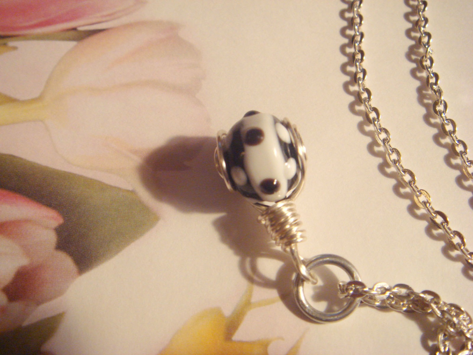 #202 Black&White Bead Pendant with Silver Chain Wire Wrapped One of a Kind