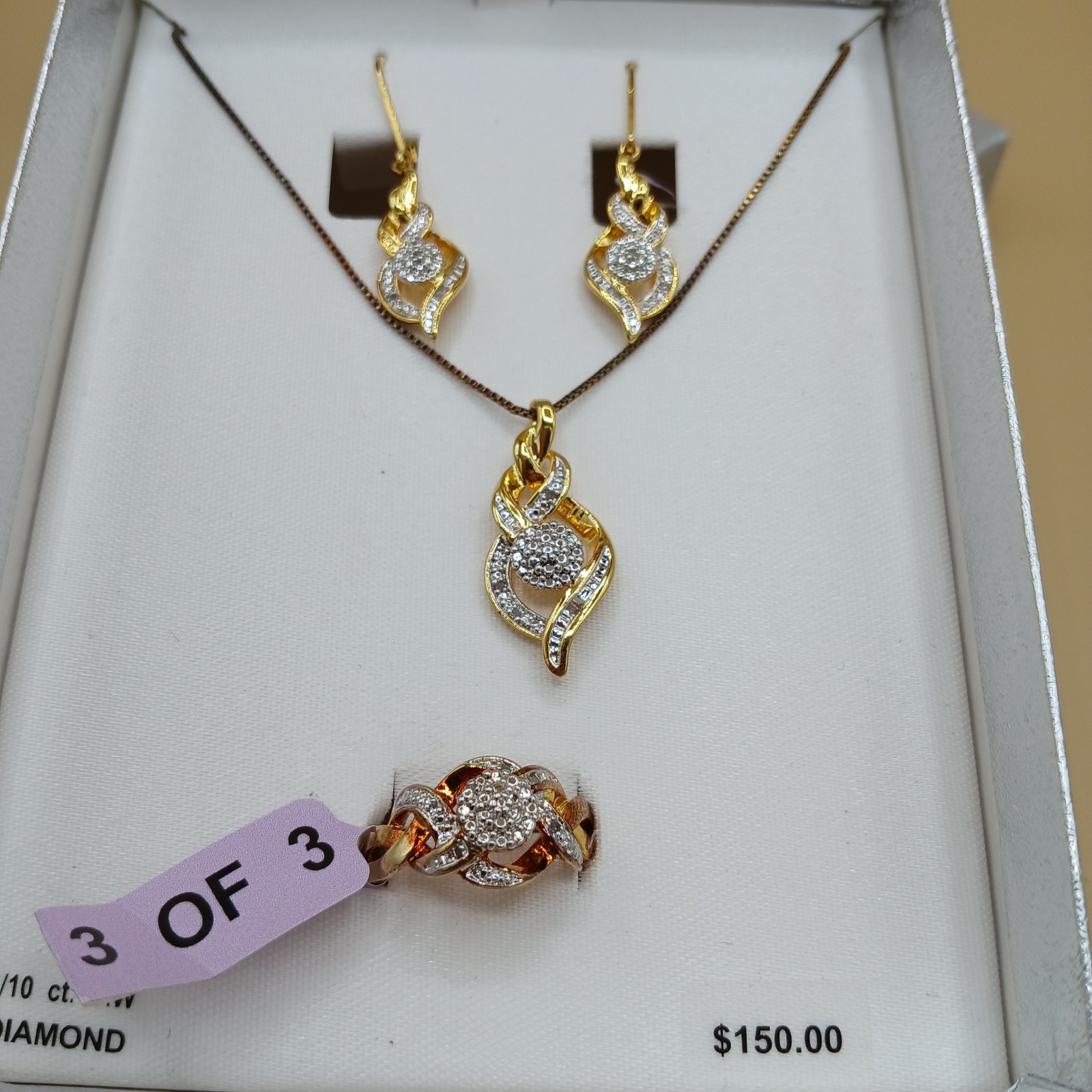 White Diamond Accent 14k Gold over Brass Ring, Earrings, Pendant Necklace Set.