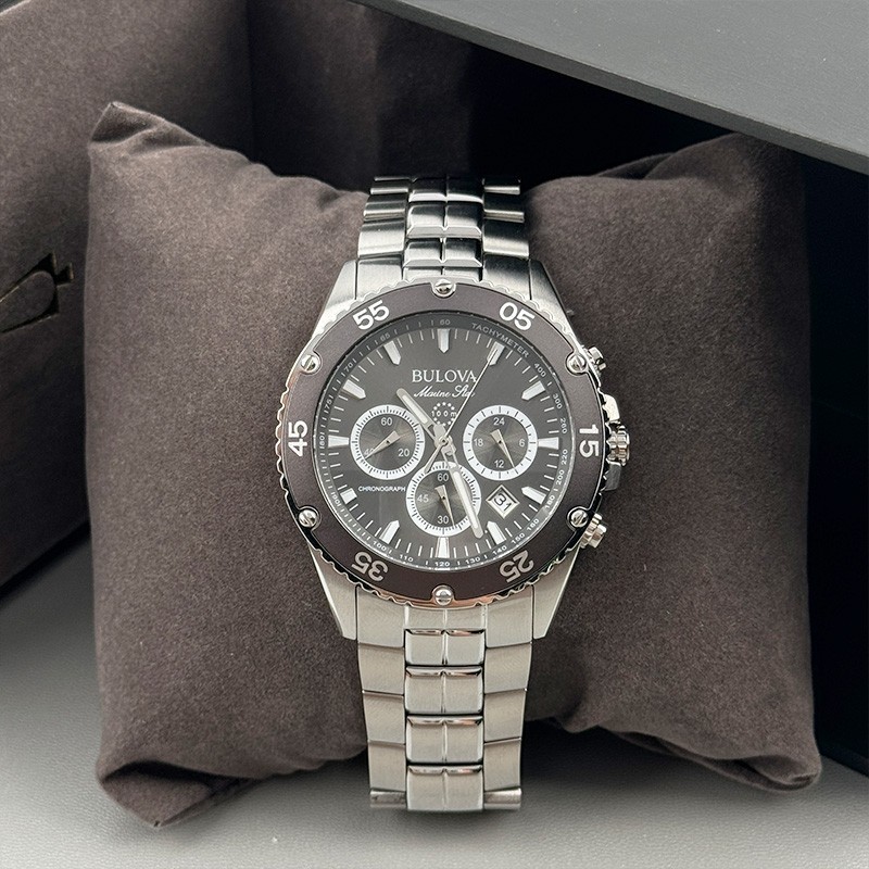 Bulova 98B401 Marine Star Gray Dial Silver Band Quartz Calendar Men’s Watch