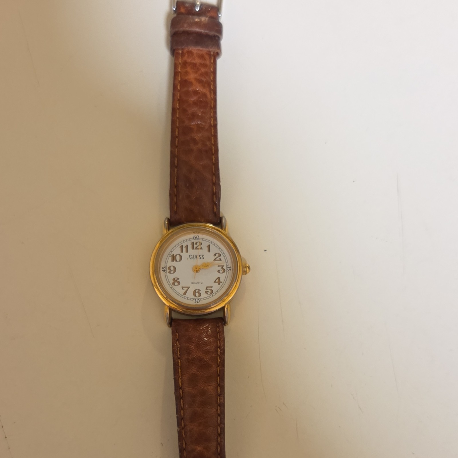 GUESS Women’s Quartz Analog Gold Tone Round Watch White Dial Brown Leather
