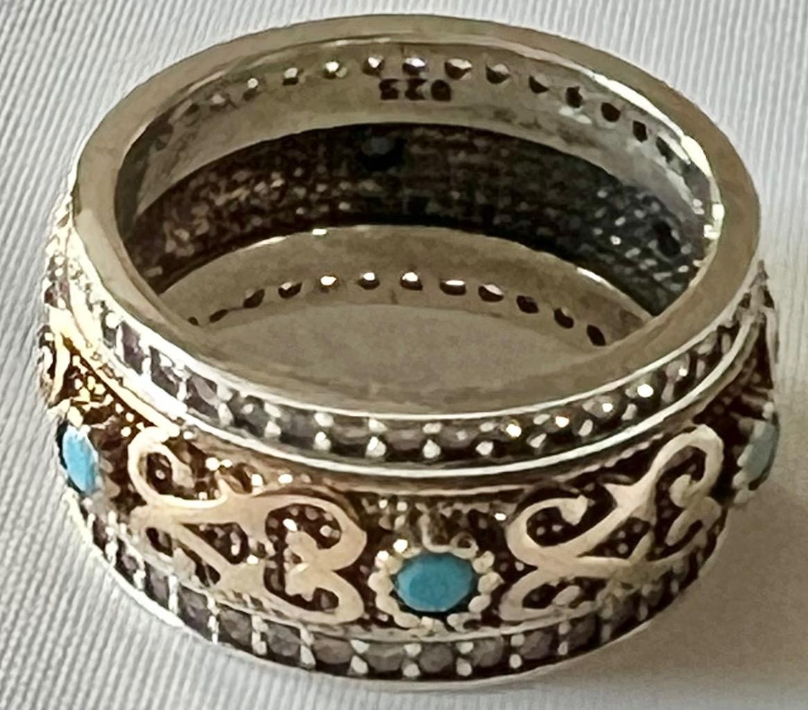 REAL Diamond Blue Turquoise SOLID 14K Gold & 925 Ring Band ETRUSCAN Rev. Size 6