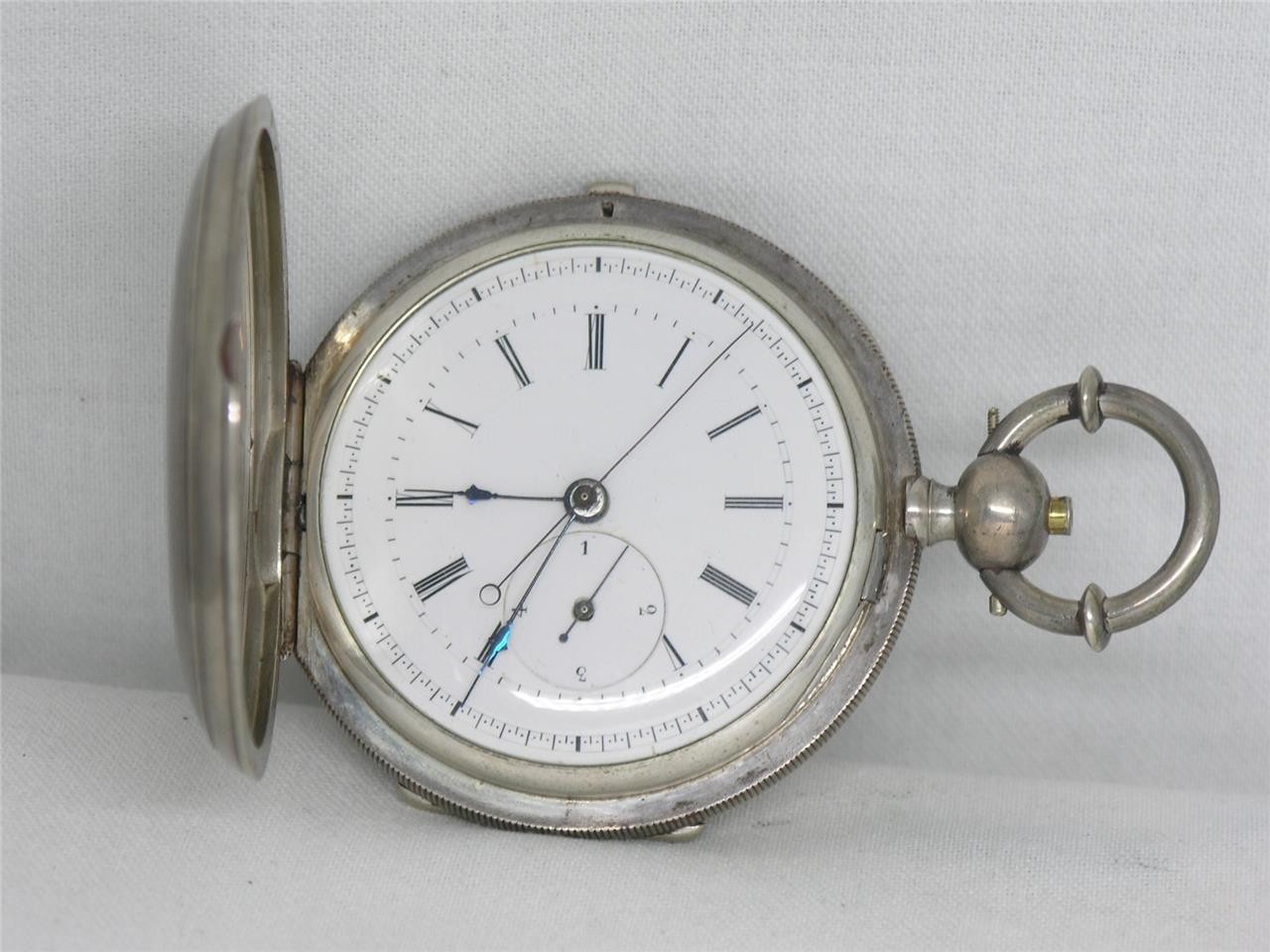 ANTIQUE 57MM HUGUENIN 1/4 JUMP SECONDS POCKETWATCH, ORIGINAL CASE, RUNNING!
