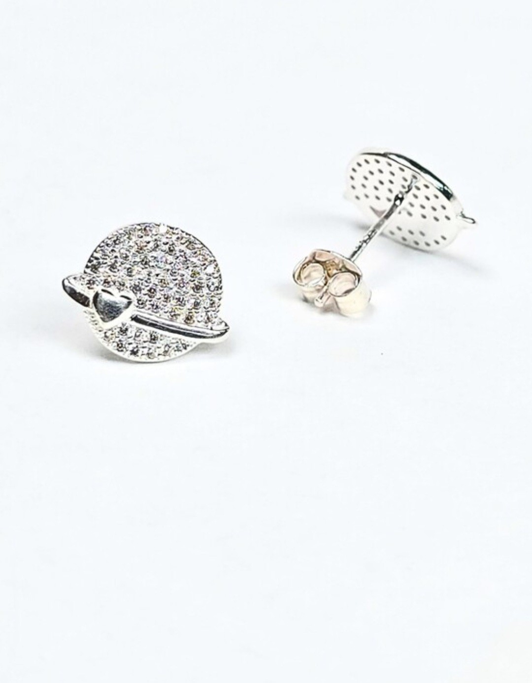 Arete Stud Earrings Plata 925 Mex. Sterling Silver Saturn Planet Design CZ