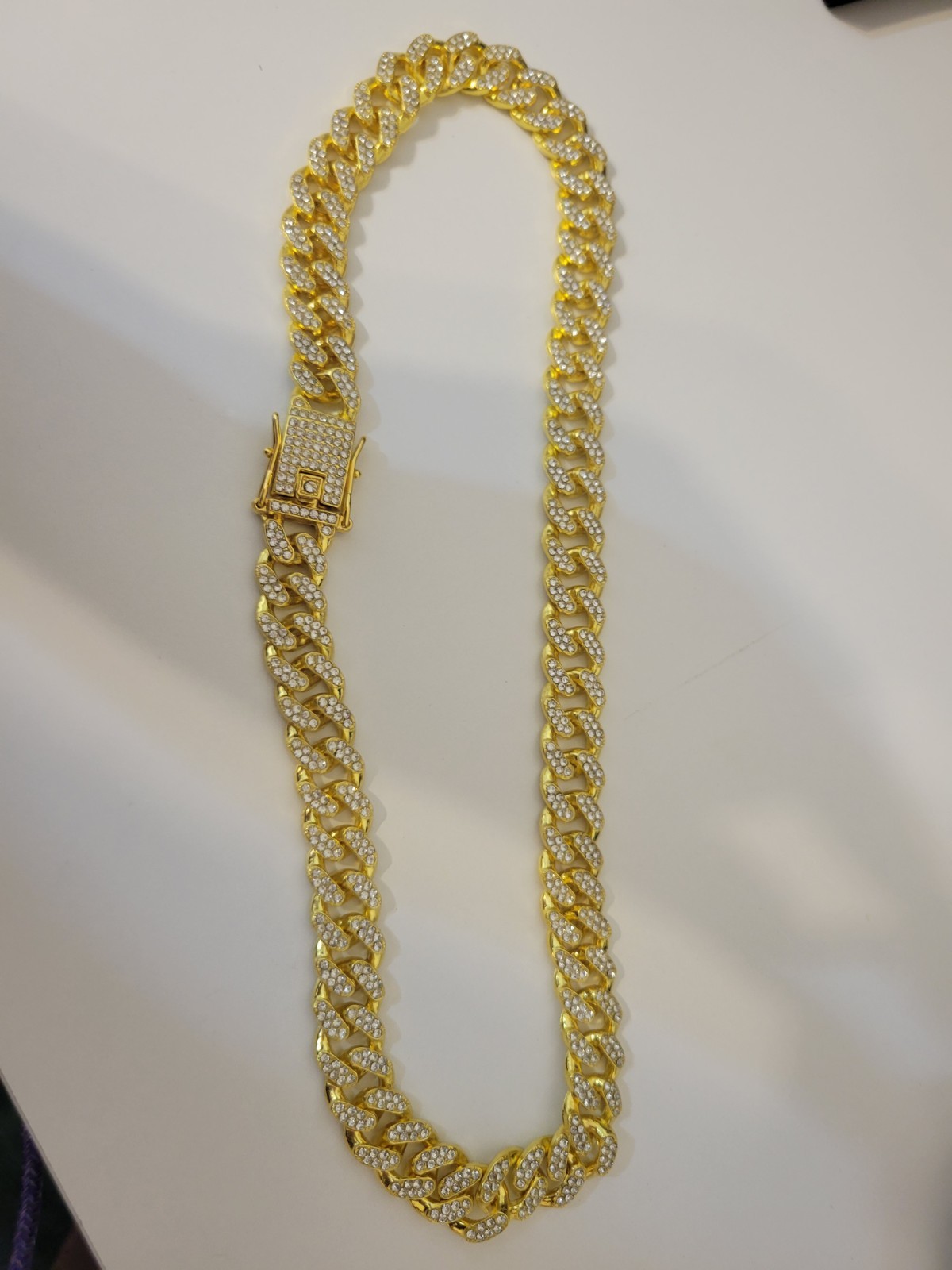 Gold Plated Iced Out Cuban Link Chain Necklace White Crystal Pavé Box Clasp