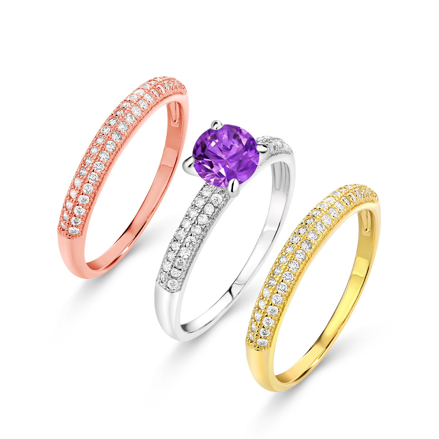 2.94 Ct Round Purple Zirconia 925 Sterling Silver Set of 3 Stacking Ring