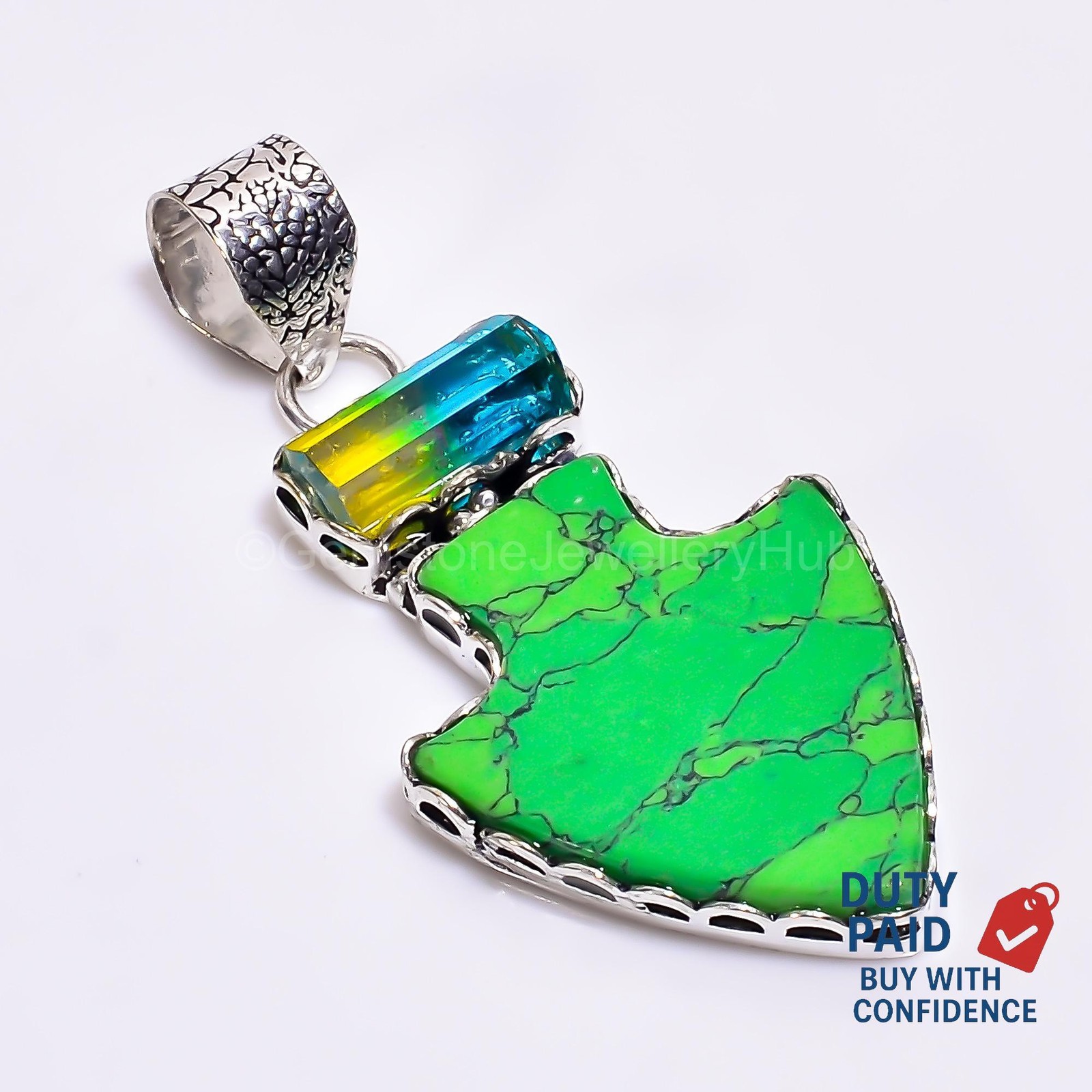 925 Silver Fancy Green Turquoise Bio Tourmaline Quartz Wife Channel Set Pendant