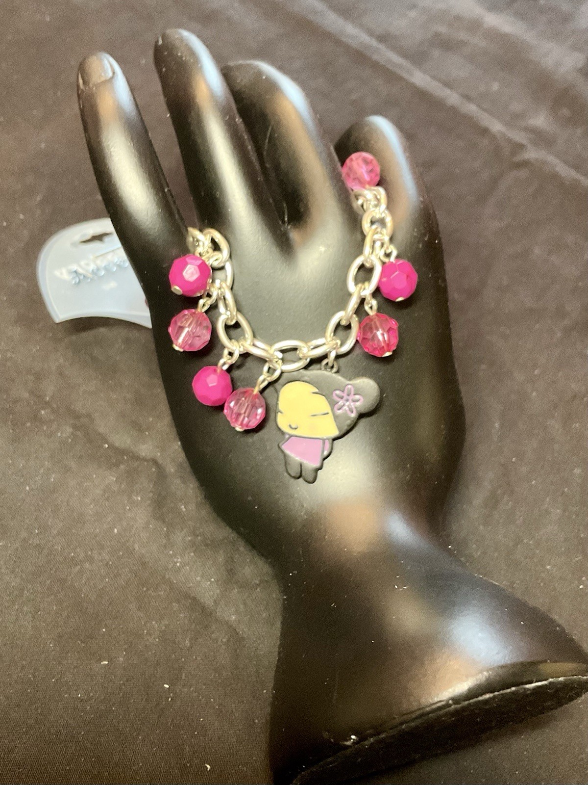 Pucca Anime Charm Bracelet Silver Tone Pink Faceted Beads Adjustable NEW Kawaii