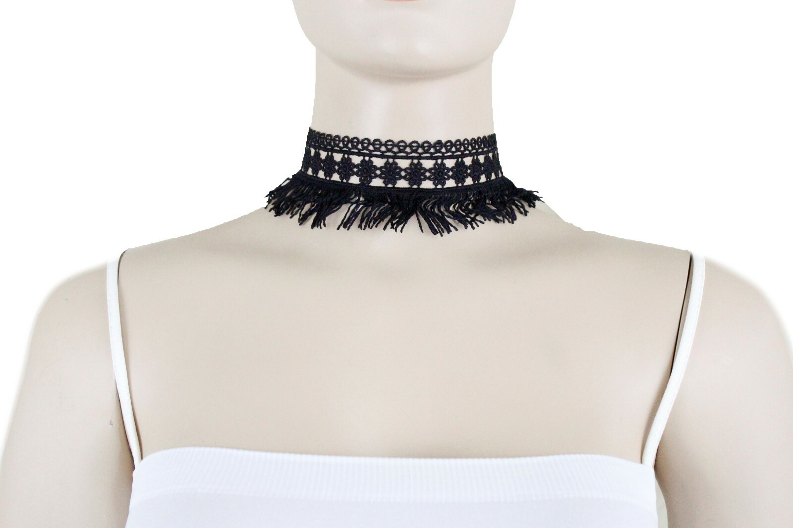 Women Young Fashion Choker Necklace Tassel Wide Black Lace Fabric Flower Fringes